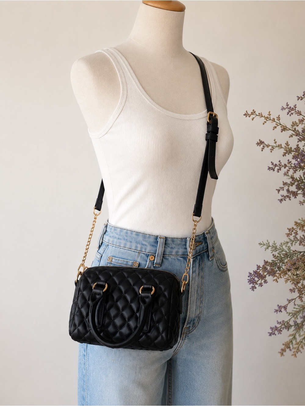 NWT Black Quilted Mini Satchel Crossbody Bag Gold Hardware Vegan